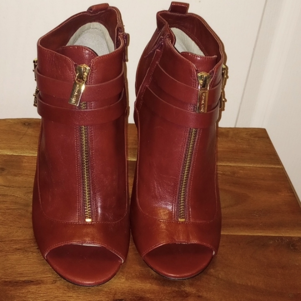 Michael Kors Burgundy Leather Peep-Toe Ankle Booties with Gold Zippers
